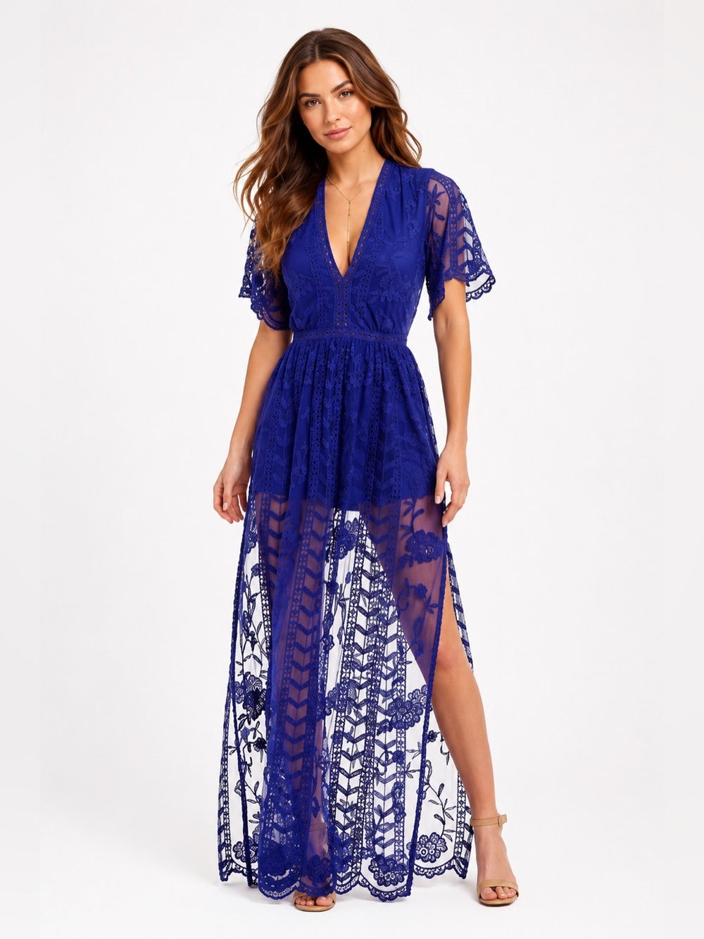 GB Gianni Bini Blue Lace Maxi Dress XS Sheer Embroidered Formal Evening Gown